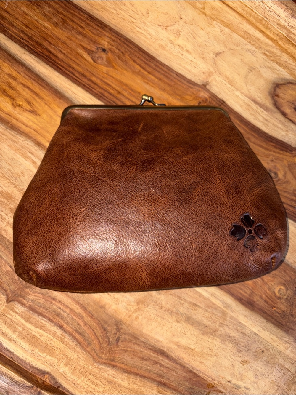Patricia Nash Brown Leather Clasp Wristlet with Floral Cutout